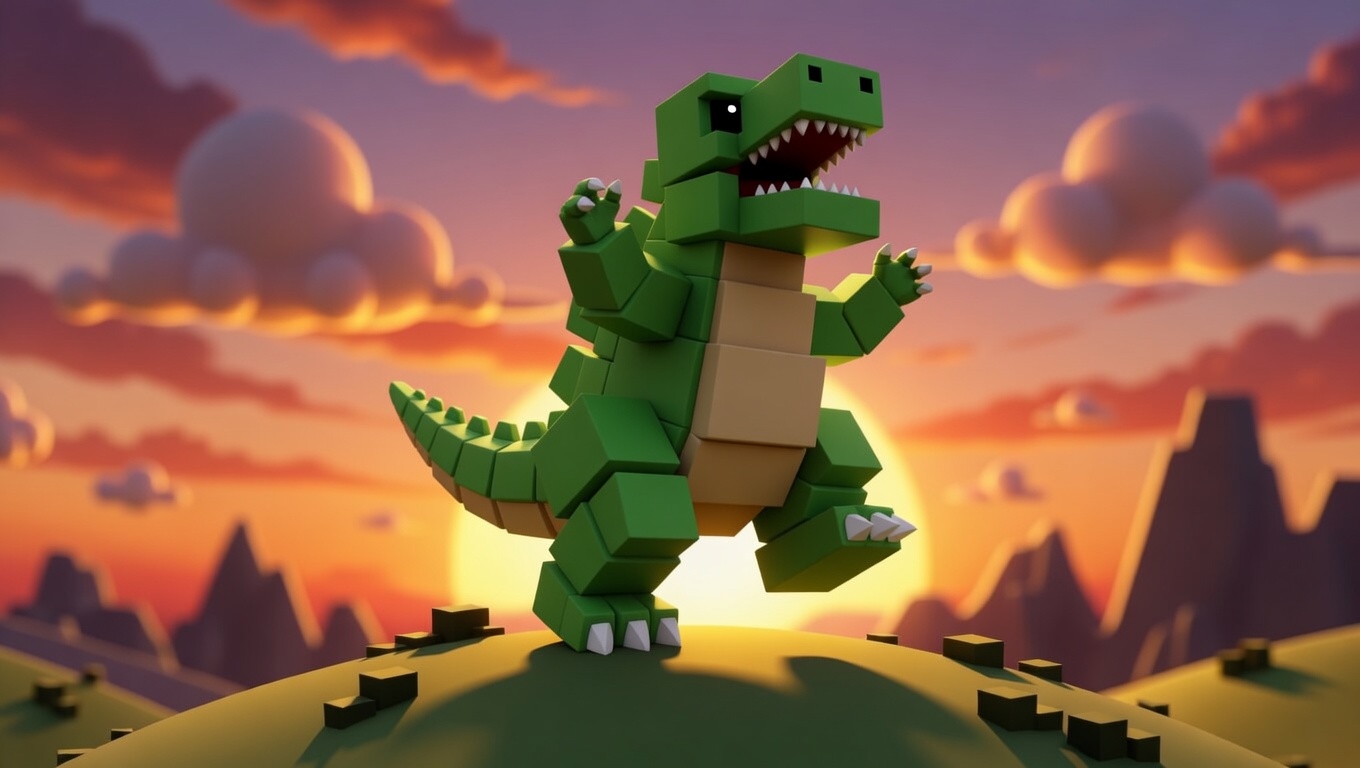The Blockasaurus mascot — a friendly blocky T-rex on a sunset hill.